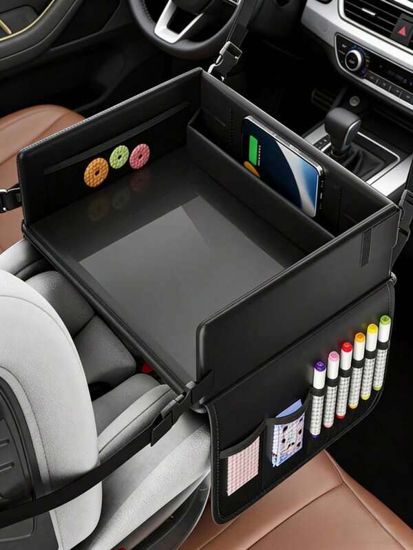 Foldable & Expandable Multi-Functional Car Seat Storage Tray With Cup Holder, Suitable For Car, Airplane And Home