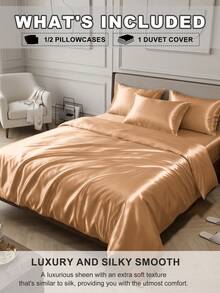 2/3pcs Satin Duvet Cover Bedding Set, Soft & Comfortable Bedroom Bedding Set, Solid Color Skin-Friendly Duvet Cover, 1/2pcs Pillowcase And 1pc Duvet Cover, Silk Satin Bedding Set, Suitable For All Bed Sizes - Twin/Full/Queen/King, Soft & Breathable, Oeko-Tex Certified - Camel - View 5
