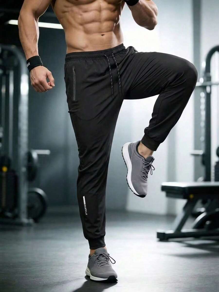 1 chiếc quần jogger nam màu đen, thấm hút mồ hôi, thoáng khí, nhẹ, có dây rút ở eo, thích hợp cho tập luyện thể dục, mặc hàng ngày, có thể giặt máy, mùa hè.