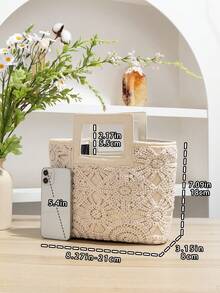 新款欧美风编织包，度假草编包，旅行包，时尚便携收纳包，沙滩包，草编手提包，迷你草编手提包，夏季必备，完美搭配，适合女性、女孩、学生，旅行、度假、海滩、假日，礼品之选 - 米色 - 查看 2