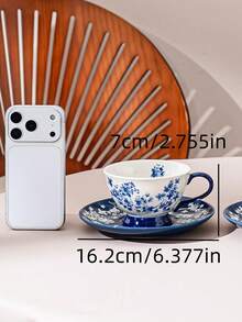 一套陶瓷花卉藤蔓简约优雅茶壶杯碟套装，北欧奢华高端绿蓝清新纯色花卉中国风简约陶瓷两件套茶壶杯碟套装，适用于餐厅、咖啡馆、书店、酒店、家庭，陶瓷餐具，咖啡杯，茶杯，下午茶茶壶 - 藍色 - 查看 13