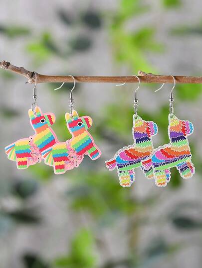 一对复古彩色驴子造型皮纳塔耳环，亚克力材质，女士耳环，墨西哥亡灵节派对饰品礼物