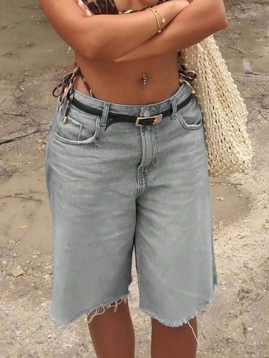Y2K Streetwear Mid-Waist Distressed Frayed Bermuda Knee-Length Denim Shorts With Pockets - Màu Xám nhạt - Xem 1