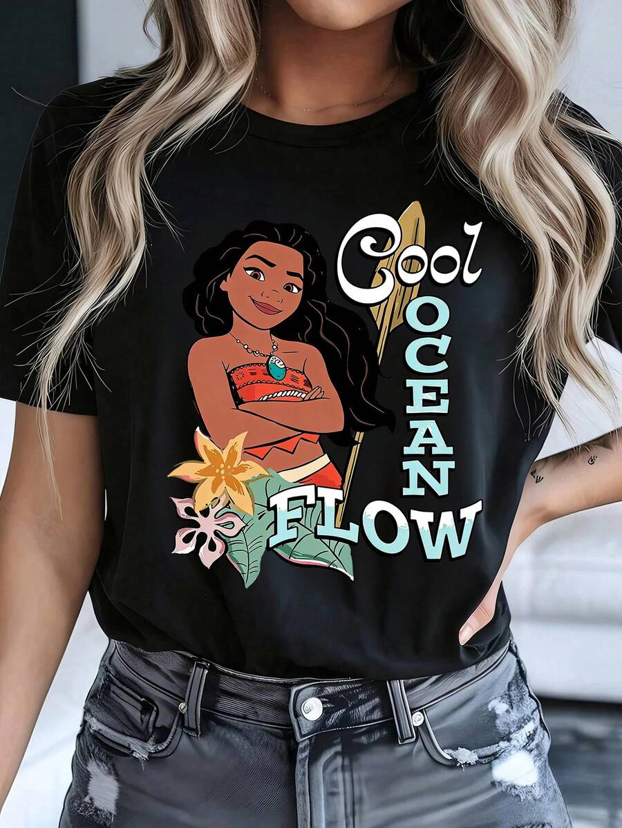 Disney Women's Black Cotton Casual Moana Graphic Short Sleeve Round Neck T-Shirt, Men's Sizes Suitable For The Whole Family - 黑色 - 查看 1