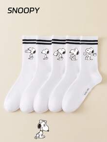 1/5 Pasang Kaos Kaki Pria Setinggi Betis Motif SNOOPY Asli, Kaos Kaki Olahraga Garis Ganda, Desain Kartun Lucu, Kaos Kaki Pria SNOOPY Unik - MultiWarna - View 13