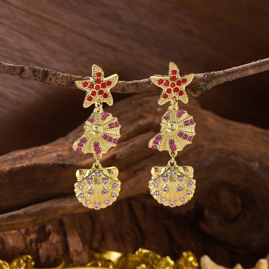 1件装度假风水钻海星贝壳耳环，适合女士海滩旅行和度假佩戴 - 彩色 - 查看 1