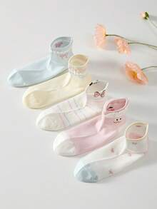 5 paires de chaussettes courtes pour femmes avec nœud et motifs d'expressions mignons, respirantes et antidérapantes, convenant pour le printemps et l'été - Multicolore - Voir 7