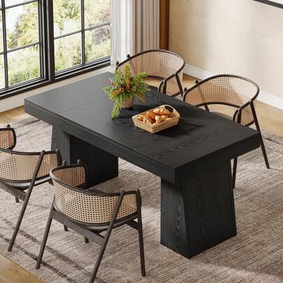 LITTLE TREE 55-Inch Dining Table For 4-6,Rectangular Wood Family Dinner Table, Farmhouse Dining Room Table With Sturdy Legs, Mid-Century Modern Kitchen Table For Dining Room, Kitchen, Home,Black