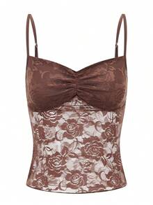 Women's Y2K Lace Floral Cami Tank Tops Spaghetti Strap Ruched Front Lace Patchwork Camisole Crop Tops Sexy Backless Sleeveless Slim Fit Vests Shirts Teen Girls Going Out Tops Aesthetic Clothes Club Streetwear - Cà phê nâu - Xem 4