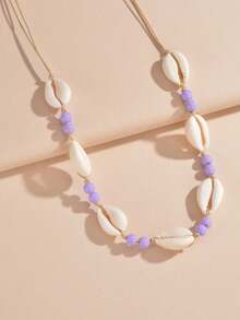 1pc Personalized Beaded Shell Adjustable Necklace, Beach Style For Women, Suitable For Vacation, Party And Daily Wear - Mauve Purple - View 2