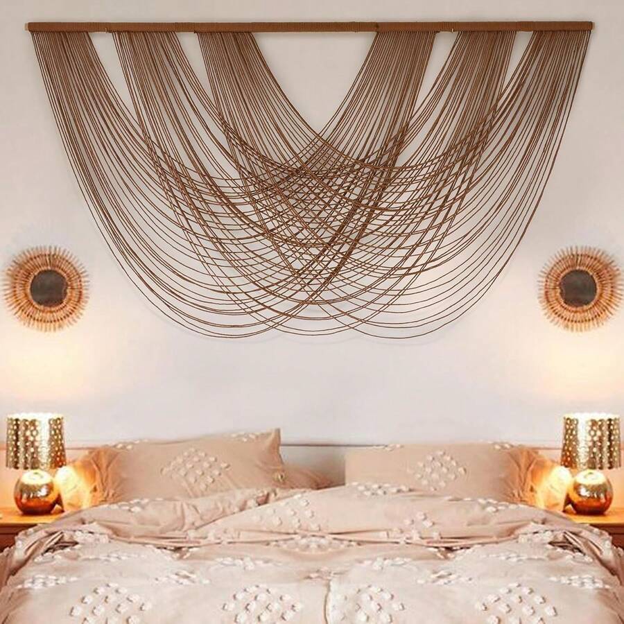 Colgante de pared de macramé grande teñido en marrón de 59.00" de ancho x 31.00" de largo, decoración de pared bohemia, tapiz de hilo, artesanía, decoración de pared de macramé para el hogar - Multicolor - Ver 1