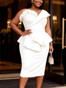 Plus Size Women Elegant White One-Shoulder Ruffle Hem Midi Fishtail Dress, Bodycon Cocktail Party Evening Gown Summer - 白色 - 查看 5