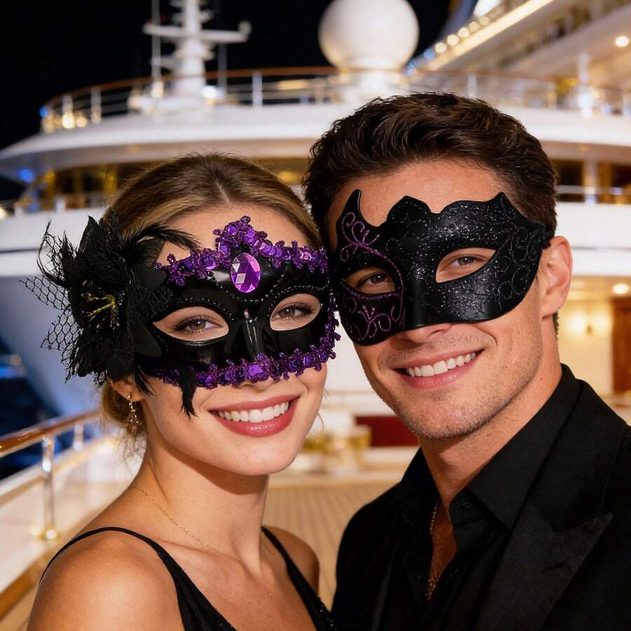 Couple Masquerade Ball Mask Set, Elegant Venetian Party Mask For Christmas, Halloween, Carnival Costume Party, Romantic Glitter Black & Purple Mask For Men And Women - Black and Purple - View 1