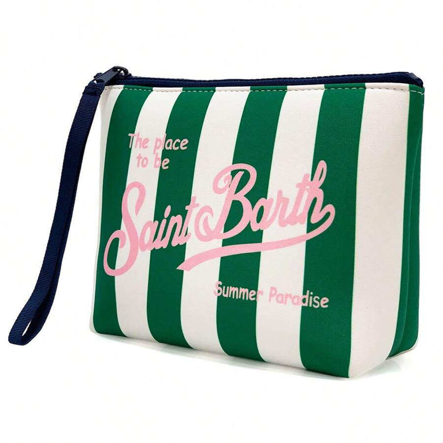 All-In-One Travel Toiletry Bag, S-Saint B-Barth Material, Portable Striped Toiletry Bag, Cosmetic Bag, Handbag, Cosmetic Bag, Waterproof Travel Bag, Travel Organizer With Zipper, Lightweight Makeup Case, Unisex Travel Gift. - 綠色 - 查看 1