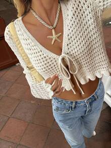 女士半透明钩针长袖短款毛衣上衣，前系带设计 - 新杏色 - 查看 3