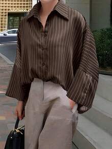 Doriss 宽松条纹蝙蝠袖女式衬衫上衣，棕色，适合万圣节、返校季、正式场合、情人节、秋冬春季穿着。 - 咖色 - 查看 7