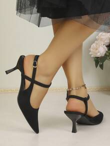 New Women's Black Suede Pointed Toe Criss-Cross Strap, Open Back Mid-Heel Sandals, Elegant Office Shoes - Black - View 5