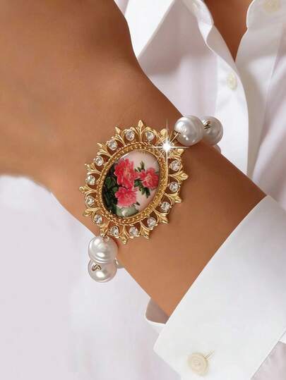 1pc Vintage Style Printed Pendant Beaded Bracelet, Mother's Day Gift