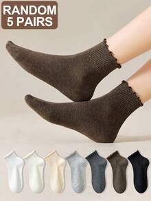 1/5 Pairs Random Women's Solid Color Minimalist Breathable Absorbent Casual Ankle Socks With Ruffle Trim - Multicolor - View 11