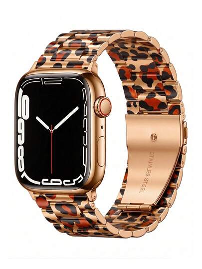 Uma Pulseira de Relógio Unissex Estilosa de Estampa de Leopardo em Aço Inoxidável, Compatível com Tamanhos de 38mm, 40mm, 41mm, 42mm, 44mm, 45mm, 46mm e 49mm. Esta Pulseira de Relógio Estilosa é Compatível com Apple Watch Series Ultra 3/2/1 (11 10 9 8 7 SE3 6 5 4 3 2 1). Uma Pulseira de Smartwatch da Moda, Compatível com Apple Watch. Acessórios de Pulseira de Relógio.
