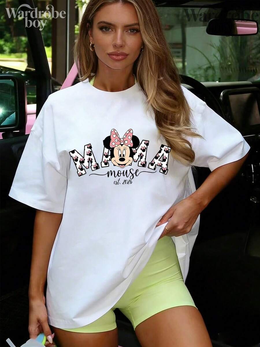 Disney White Round Neck Short Sleeved Printed T-Shirt, Mother's Day Themed Printed T-Shirt, 2026 New T-Shirt, Family Leisure Vacation T-Shirt, Unisex, High-Quality Pure Cotton T-Shirt, Suitable For All Seasons, Comfortable And Breathable | Exquisite Design | The Best Choice For Gifts - White - View 1
