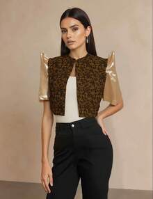 Cárdigan de manga corta con estampado floral y volante en el bajo para mujer, primavera/verano - Marrón - Ver 6