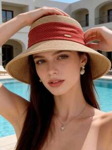 1顶女士波点缎带拼接宽檐编织草帽，法式优雅高端圆顶渔夫帽，适合春夏户外休闲，日常佩戴百搭。 - A - 查看 4