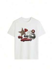 Camiseta de mujer de estilo vintage con temática de automóviles, cuello redondo, manga corta, decorada con bola de discoteca y patrones de cerezas, top de estilo casual para uso diario en verano de color blanco100% Cotton - Blanco - Ver 4