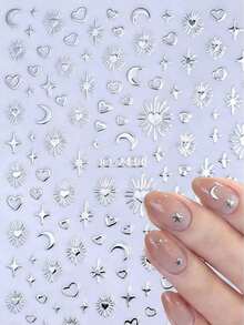 1片迷你银色星星月亮美甲贴纸，心形、月牙形、星形美甲贴花，带背胶 - 彩色 - 查看 1