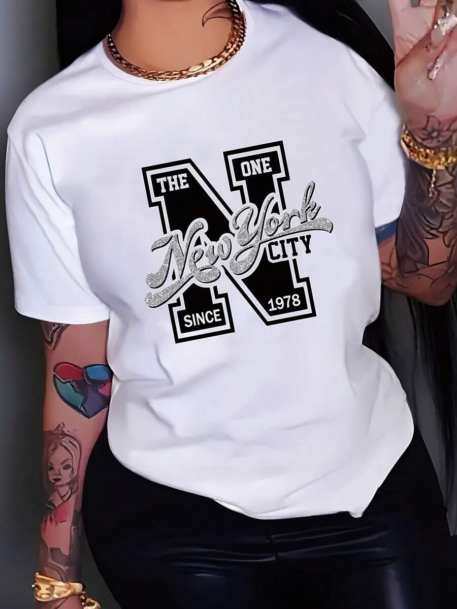 Camiseta casual de manga corta para mujer - Estampado geométrico de la ciudad de Nueva York, top semitransparente con cuello redondo, lavable a máquina, corte regular en forma de H, adecuada para primavera, verano y todas las estaciones, tela ligera, duradera para uso diario. - Blanco - Ver 1
