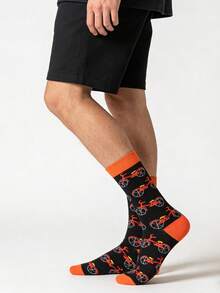 1 Pair Men's Black & Orange Bicycle Pattern Mid-Calf Socks, & Versatile For All Seasons - Multicolor - View 3