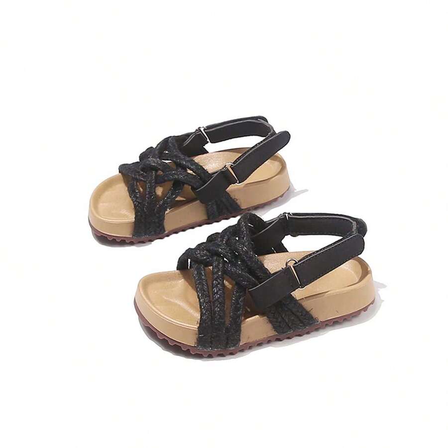 1双编织款儿童凉鞋，简约时尚魔术贴婴儿鞋，透气软底儿童夏季鞋 - 黑色 - 查看 1