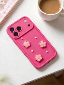 1pc Creative Pink Cute Triple Flower Layered Perforated Phone Case, Compatible With Apple 11/11 Pro Max/12/12 Pro/12 Pro Max/13/13 Pro/13 Pro Max/14/14 Plus/16 Pro Max/17 Pro Max, Galaxy S26 S25 S24 S23 S22 Ultra, 14C, Moto G Series, C55 - Hot Pink - View 1