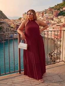 Astrid Plus Size Women Pleated Loose Sleeveless Dress Elegant Summer - Burgundy - View 1