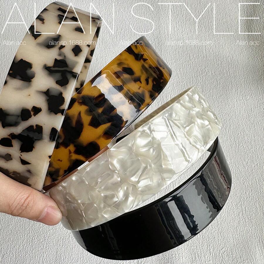 Elegant Retro Classic Tortoiseshell-Colored Wide Headband, Thickened Acetate, Fashionable, Versatile, Simple And Stylish - 咖玳瑁 14.5cm(3.5cm寬) - 查看 1
