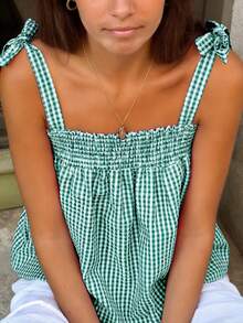 Picnic Solid Color Plaid Cropped Top, Versatile Casual Camisole For Summer Outings, Beach Vacation Essentials, Relaxed Fit - Green - View 5