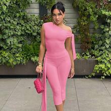 2PC/1set Summer New Fashion Street Style Asymmetrical Neck Sleeveless Top Slim Fit Tie-Waist Shorts Set - 粉色 - 查看 1