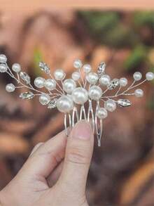 1pc Handmade Pearl & Crystal Hair Comb, Bridal Hair Accessory - Silver - View 2