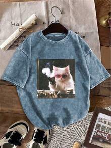 Áo thun nữ mùa hè bằng vải cotton đã qua xử lý, in hình mèo con, kiểu dáng giản dị, rộng rãi, cổ tròn, tay ngắn. - Màu xanh lam - Xem 5