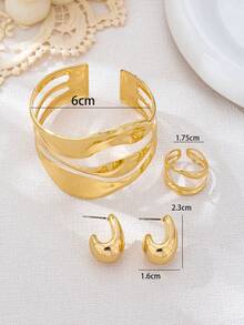 Bộ 4 món trang sức kim loại thời trang hình giọt nước rỗng, gồm nhẫn, vòng tay và bông tai, dành cho nữ. - Vàng - Xem 4