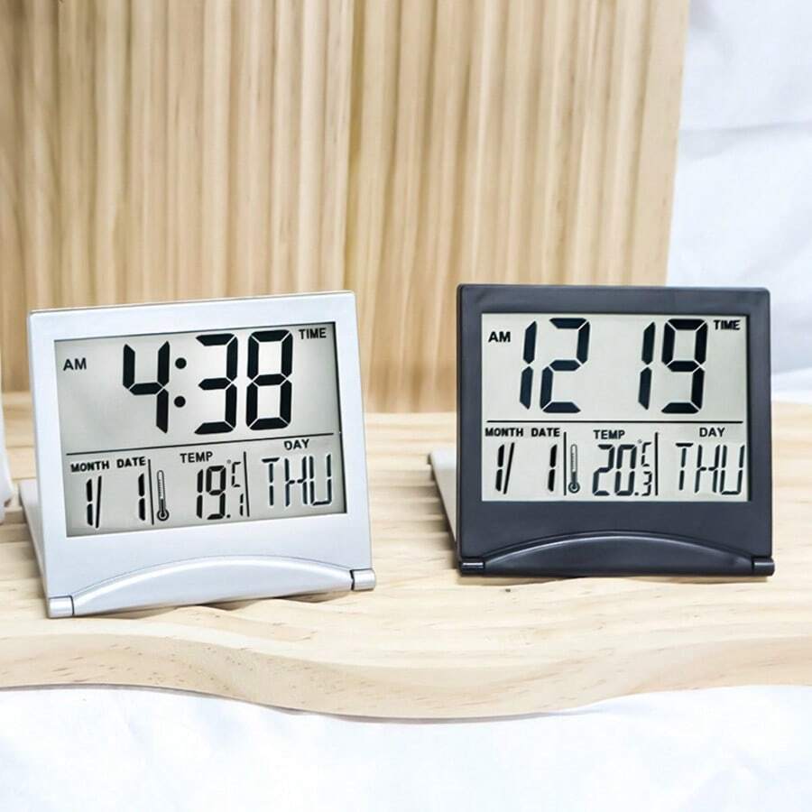 Reloj despertador de viaje digital plegable - Calendario, temperatura, temporizador con pantalla LCD con función de repetición - Dígitos grandes, alimentado por batería - Reloj de mesita de noche compacto adecuado para todas las edades