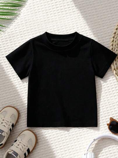 1 pieza Camiseta negra de manga corta, cuello redondo, estilo retro, suave y cómoda para niños/niños pequeños, adecuada para deportes al aire libre, reuniones sociales, viajes de fin de semana, primavera/verano