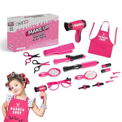 17件套儿童美发沙龙过家家玩具套装，适合女孩玩耍，包含吹风机、美发围裙和各种美发配件。