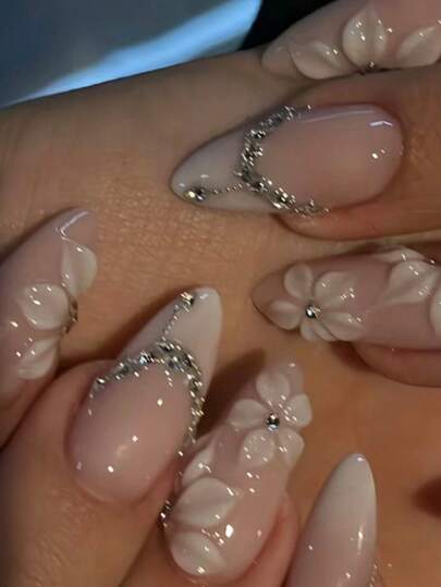 24pcs French White Gradient Fake Nails 3d Three-Dimensional Decoration Flowers Short Almond Shape False Nails Press On Nails Bling Flash Nails Art Manicure Set Includes 1sheet Adhesive Tabs & 1pc Mini File Perfect For Everyday Wvear