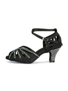 1 Pair Black Rhinestone Embellished Comfortable Mid-Heel Latin Dance Shoes - Black - View 3