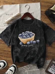 Summer New Simple Fashion Blueberry Girl Fresh Blueberry Basket Fruit Print Casual Round Neck Tie-Dye Short Sleeve T-Shirt, Fashionable & Versatile Women Top - White - View 2