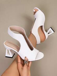 2025 Women's Summer New European & American Style Snake Skin Pattern Asymmetric Toe Comfortable Thick Heel Party & Work Sandals - White - View 13
