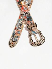 1pc Women's Multicolor Asymmetrical Flower Embossed With Gold Plated Palace Style Carved Metal Buckle Waist Belt, Versatile Accessory For Jeans Summer, School Fall, Autumn, Halloween L8JQ - 雕刻牛頭圖案皮帶扣,淺綠色印花 - 查看 4