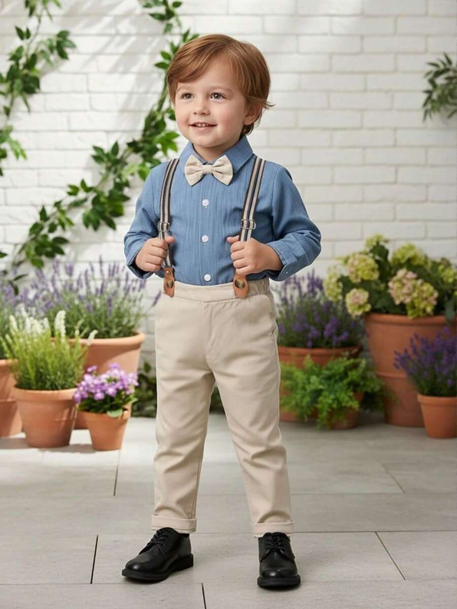 BOARNSEORL 2pcs Young Boys Gentleman Outfit - Long Sleeve Collared Shirt With Bow Tie And Khaki Suspender Pants, Fashionable And Dapper Attire For Birthday Party, Wedding, Ring Bearer - Khaki - View 1