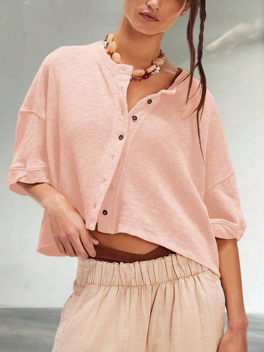 Women Half Sleeve Cropped Cardigan Shirt Short Sleeve Button Down Open Front Crewneck Loose Fit Knit T Shirt Y2k Casual Crop Tops Summer Fall Lightweight Jacket Outwear - Hồng - Xem 1